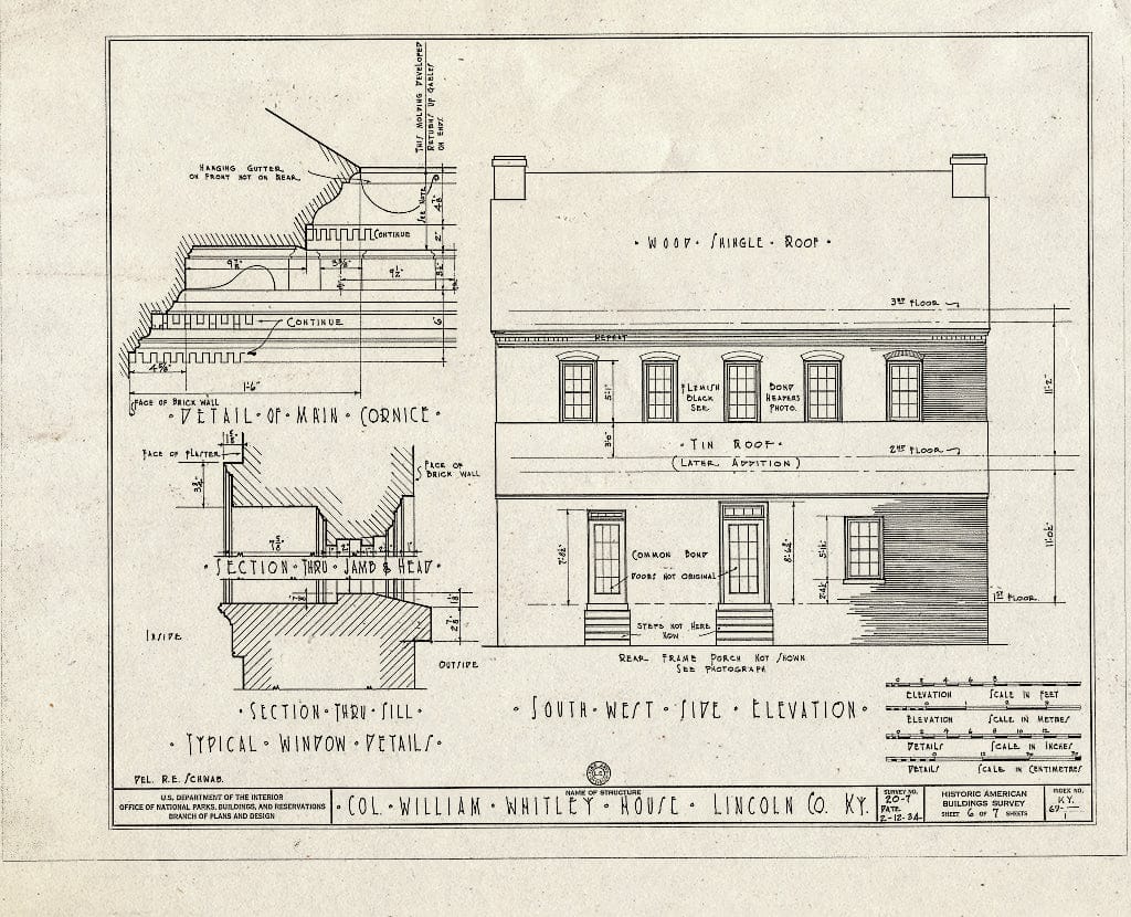 Blueprint HABS KY,69-,1- (Sheet 6 of 7) - Colonel William Whitley House, Stanford-Crab Orchard Pike, Stanford, Lincoln County, KY