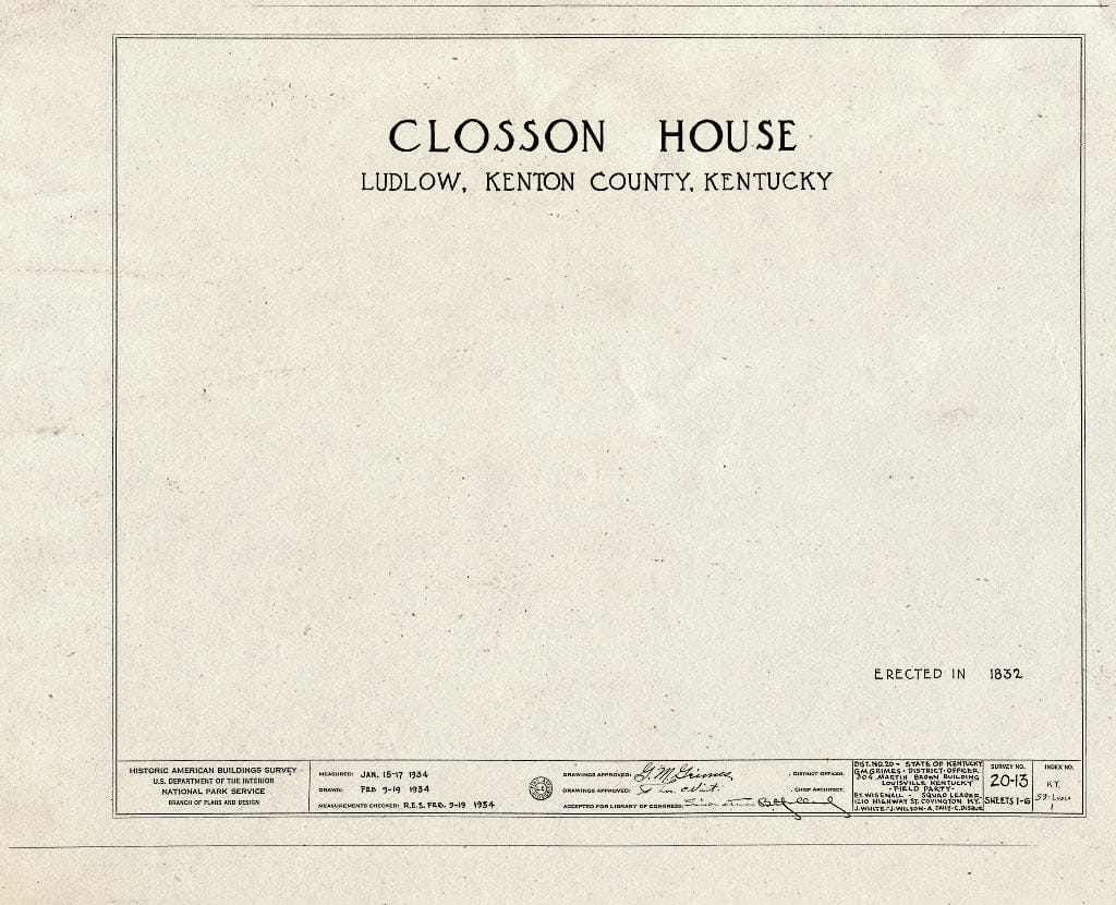 Blueprint HABS KY,59-LUDLO,1- (Sheet 0 of 6) - Old Closson House, Closson Court & Ringold Streets, Ludlow, Kenton County, KY