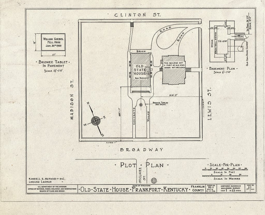 Blueprint HABS KY,37-FRAFO,1- (Sheet 1 of 23) - Old State House, Broadway, Bounded by Madison, Clinton & Lewis Streets, Frankfort, Franklin County, KY