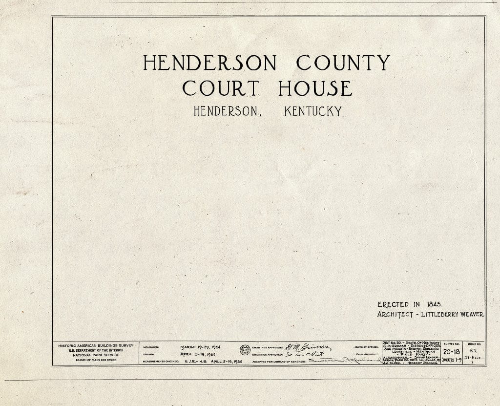 Blueprint HABS KY,51-HEND,1- (Sheet 0 of 9) - Henderson County Court House, First & Main Streets, Henderson, Henderson County, KY