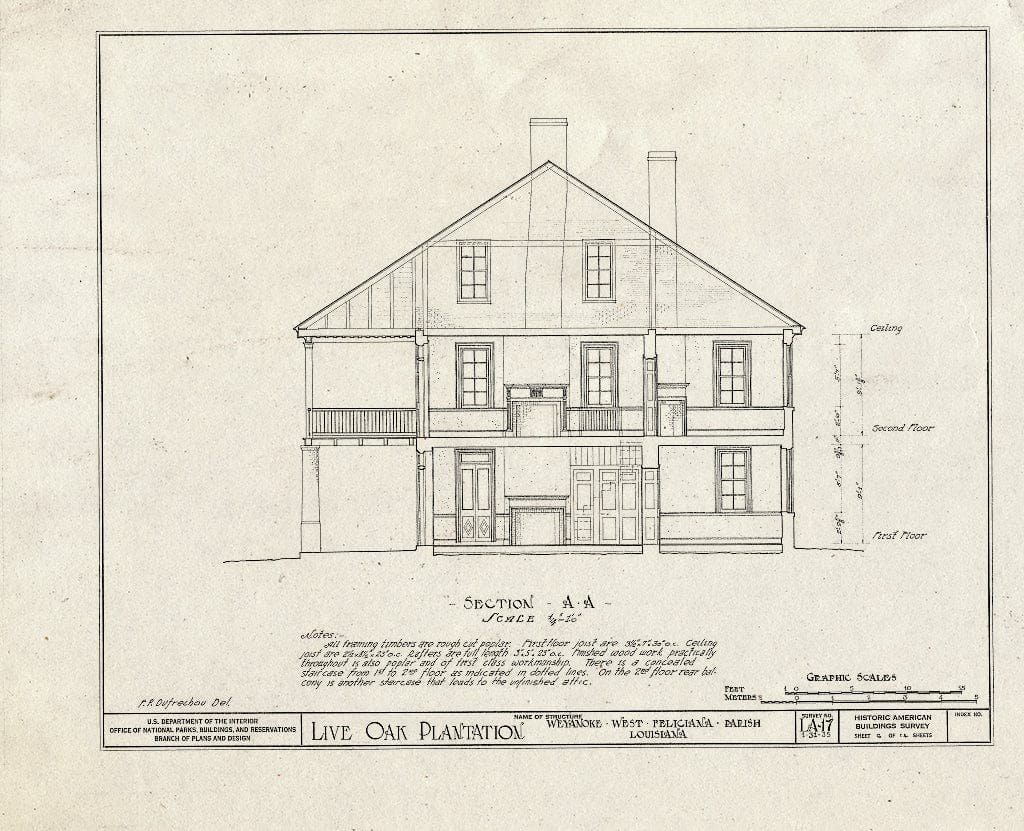 Blueprint HABS LA,63-WEY.V,1- (Sheet 6 of 14) - Live Oak Plantation House, Between Weyanoke & Bains, Weyanoke, West Feliciana Parish, LA