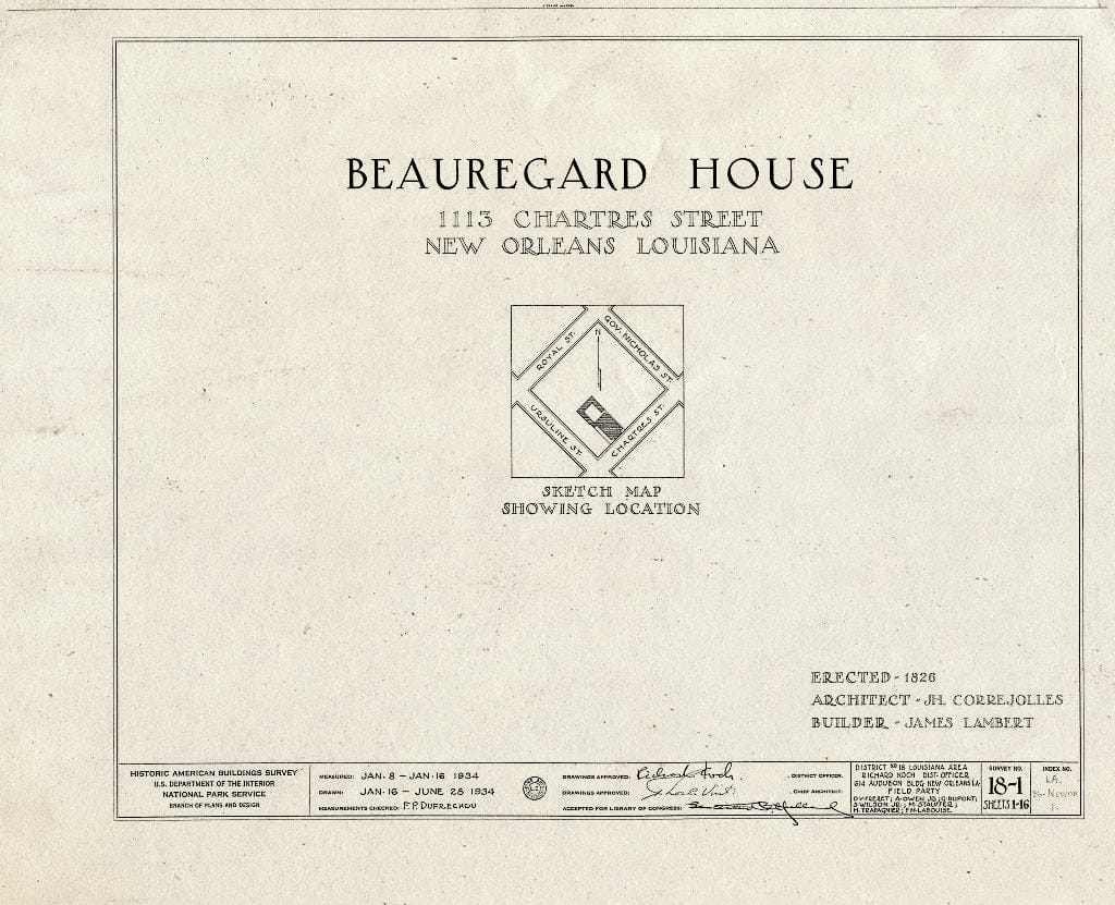 Blueprint HABS LA,36-NEWOR,1- (Sheet 0 of 16) - Beauregard House, 1113 Chartres Street, New Orleans, Orleans Parish, LA