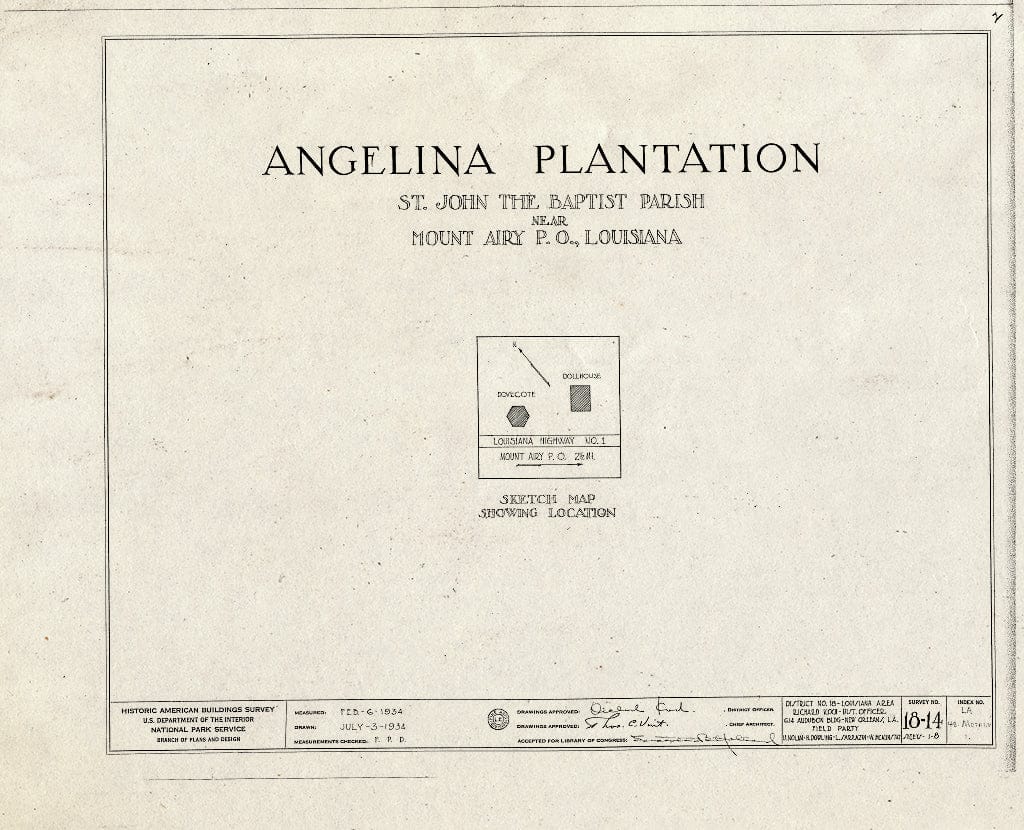 Blueprint HABS LA,48-MOTAI.V,1- (Sheet 0 of 8) - Angelina Plantation (Dove Cote & Doll House), State Highway 1, Mount Airy, St. John The Baptist Parish, LA