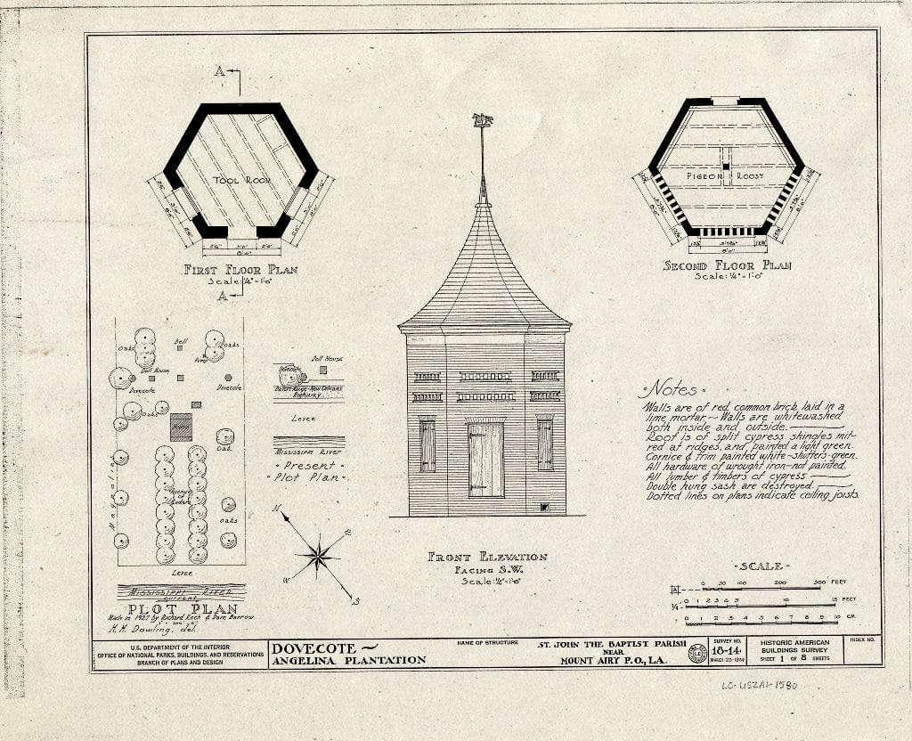Blueprint HABS LA,48-MOTAI.V,1- (Sheet 1 of 8) - Angelina Plantation (Dove Cote & Doll House), State Highway 1, Mount Airy, St. John The Baptist Parish, LA