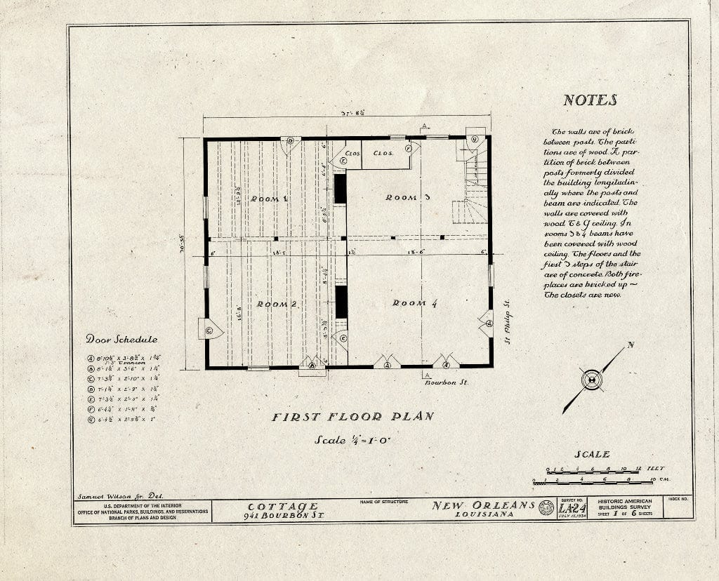 Blueprint HABS LA,36-NEWOR,13- (Sheet 1 of 6) - 941 Bourbon Street (Cottage), New Orleans, Orleans Parish, LA