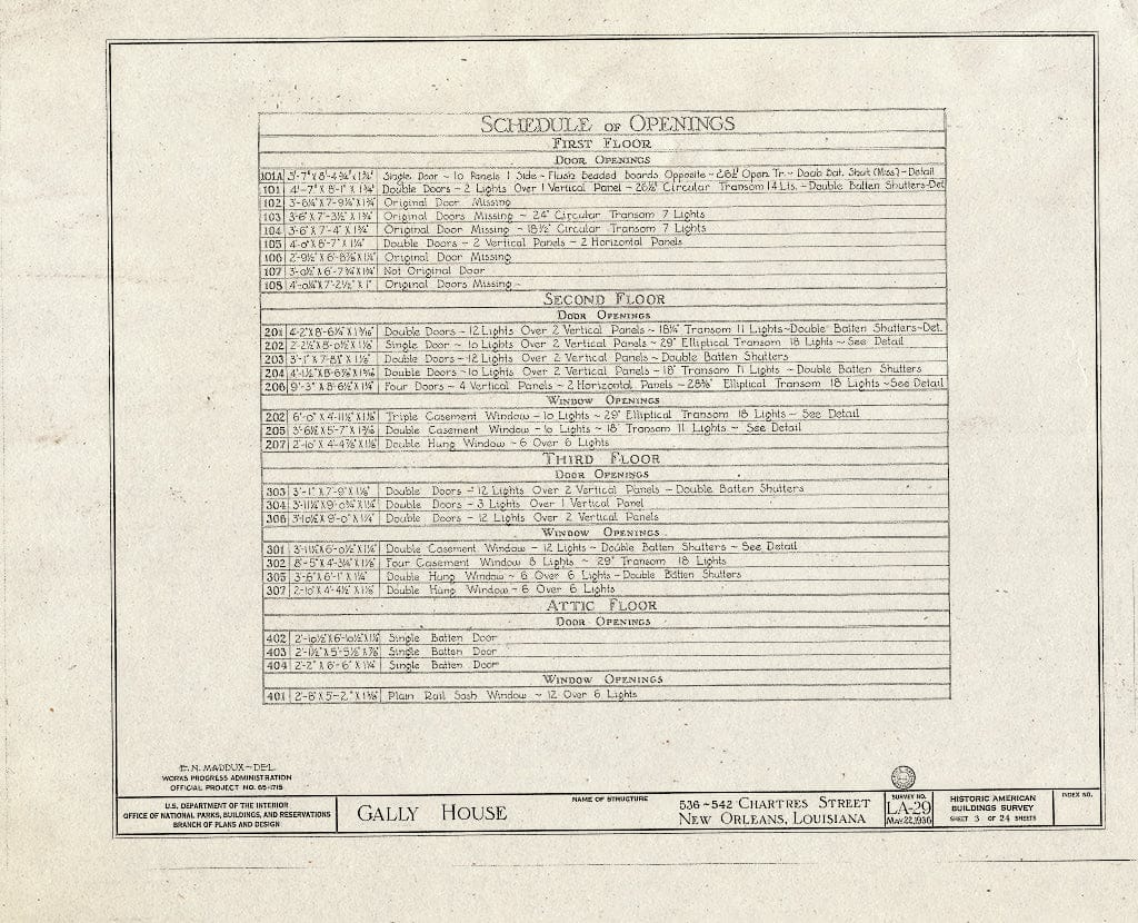 Blueprint HABS LA,36-NEWOR,14- (Sheet 3 of 24) - Gally House, 536 Chartres Street, New Orleans, Orleans Parish, LA