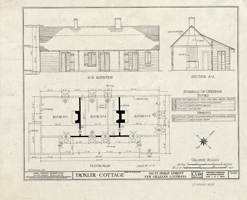 Blueprint HABS LA,36-NEWOR,22- (Sheet 1 of 4) - Troxler-Psayla Cottage, 919 Saint Philip Street, New Orleans, Orleans Parish, LA