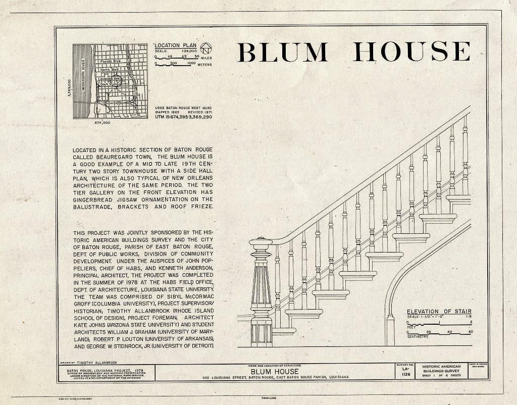Blueprint HABS LA,17-BATRO,1- (Sheet 1 of 4) - Blum House, 630 Louisiana Avenue, Baton Rouge, East Baton Rouge Parish, LA
