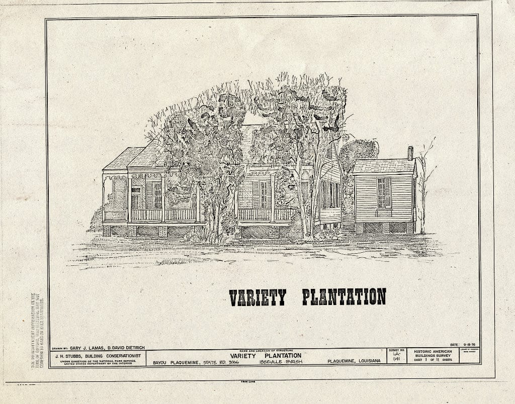 Blueprint HABS LA,24-PLAQ,1- (Sheet 1 of 11) - Variety Plantation, State Highway 3066, Bayou Plaquemine, Plaquemine, Iberville Parish, LA