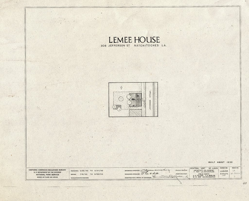 Blueprint HABS LA,35-Natch,6- (Sheet 0 of 7) - Lemee House, 310 Jefferson Street, Natchitoches, Natchitoches Parish, LA