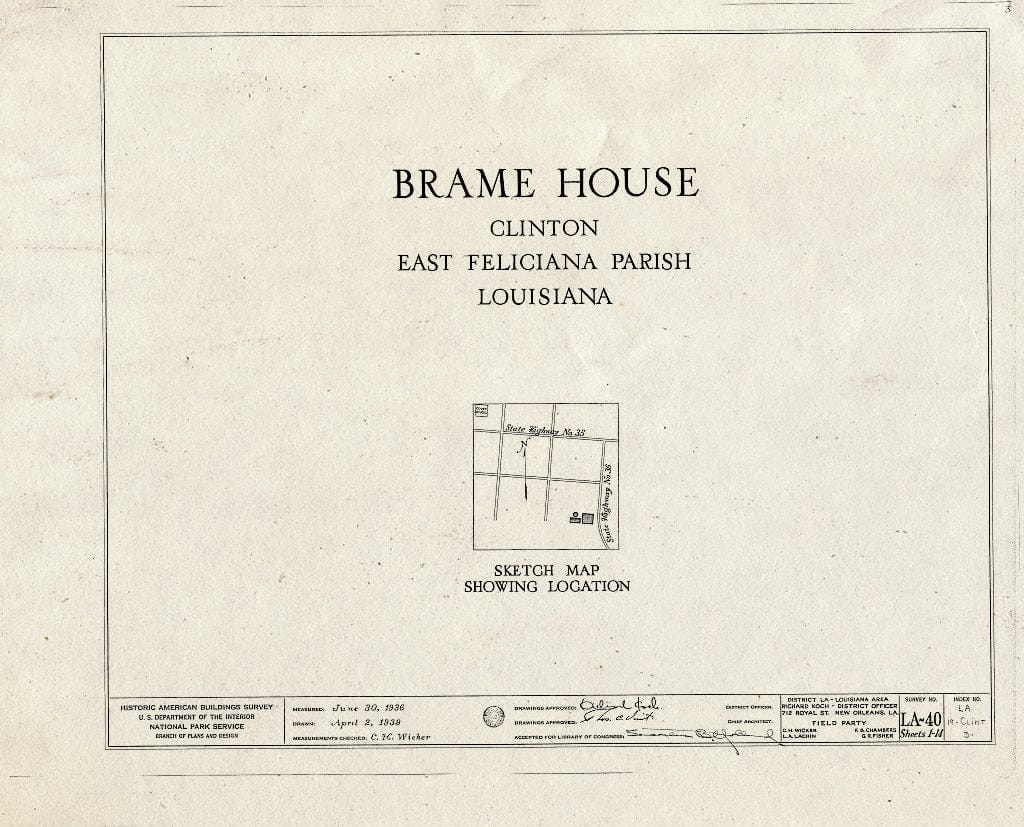 Blueprint HABS LA,19-Clint,3- (Sheet 0 of 14) - Braeme House, State Highway 36, Clinton, East Feliciana Parish, LA