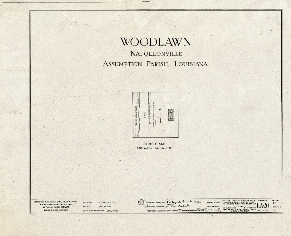 Blueprint HABS LA,4-NAPO.V,1- (Sheet 0 of 20) - Woodlawn Plantation, State Highway 77, Napoleonville, Assumption Parish, LA