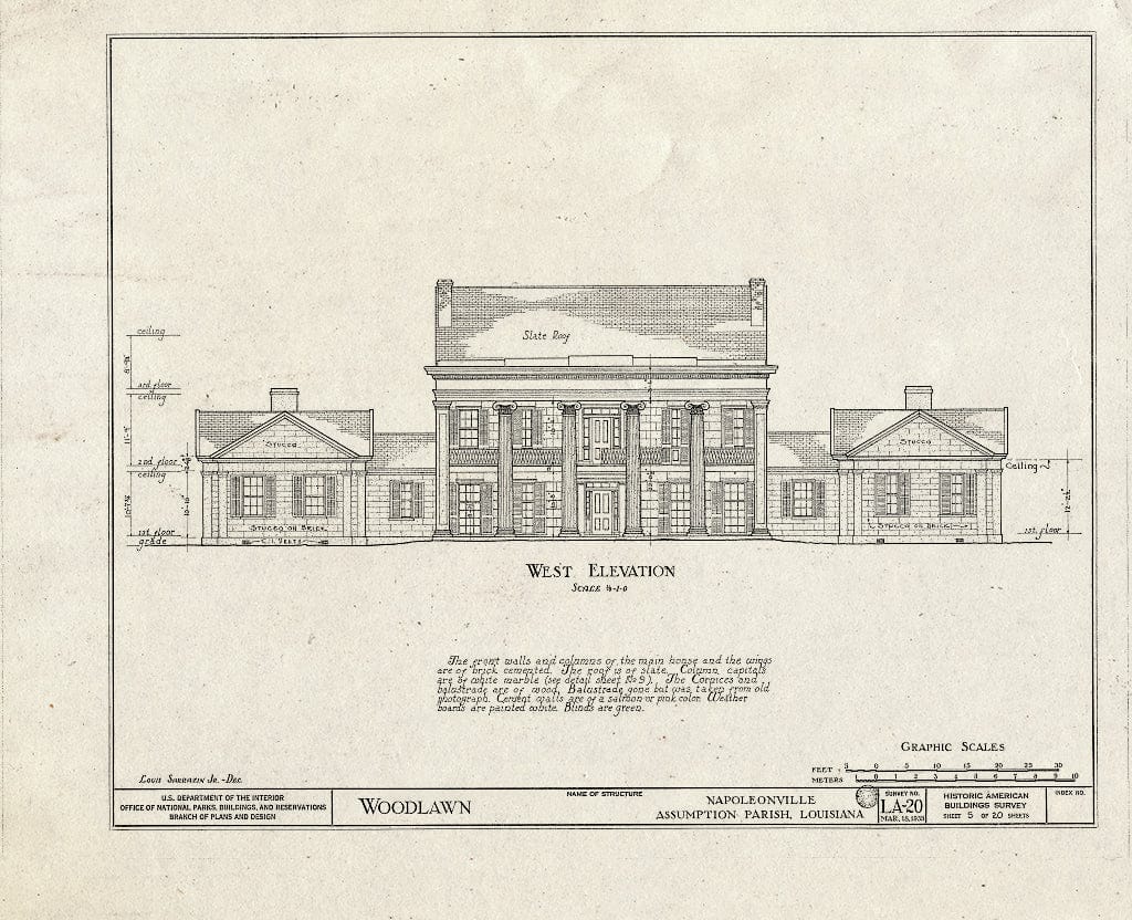 Blueprint HABS LA,4-NAPO.V,1- (Sheet 5 of 20) - Woodlawn Plantation, State Highway 77, Napoleonville, Assumption Parish, LA