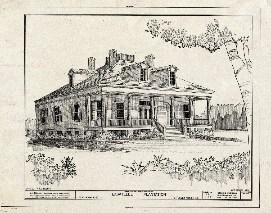 Blueprint HABS LA,47-,1- (Sheet 1 of 10) - Bagatelle Plantation, East River Road (Moved to Iberville Parish), Donaldsonville, Ascension Parish, LA