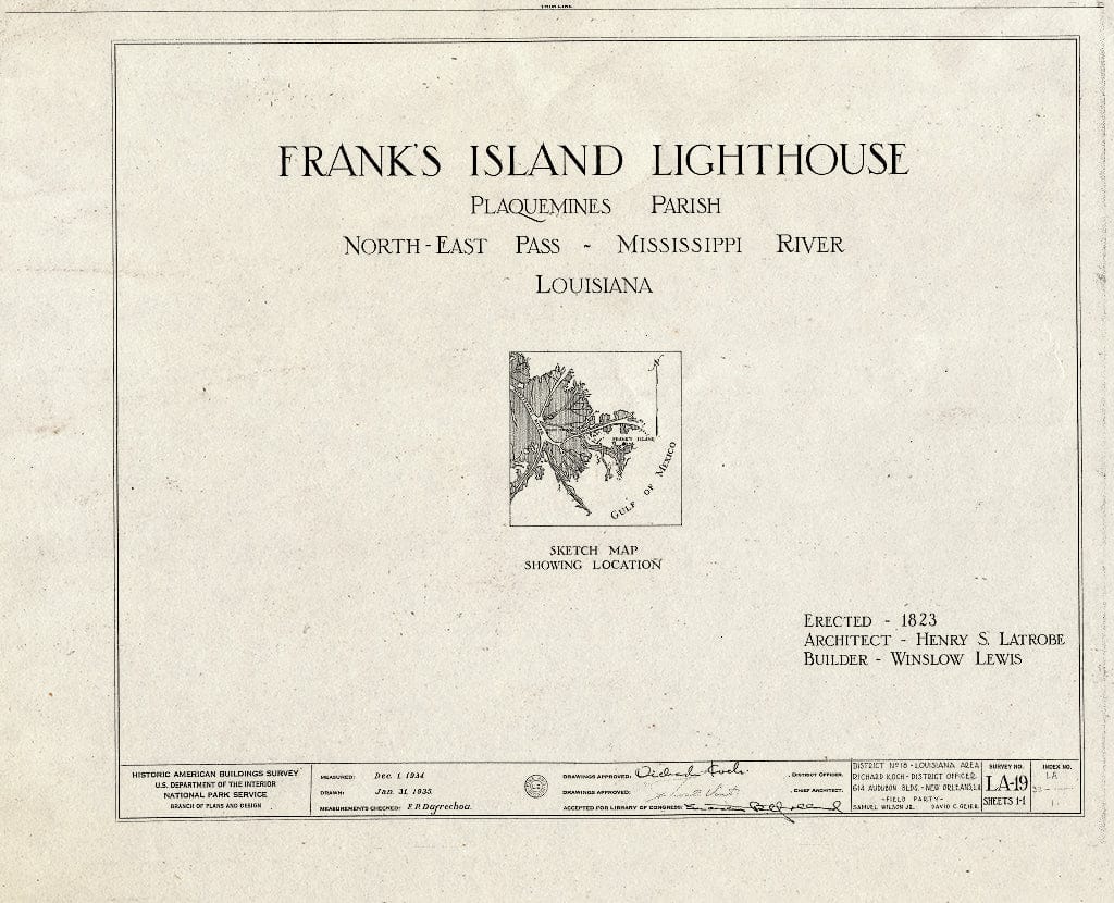 Blueprint HABS LA,38-,1- (Sheet 0 of 1) - Frank's Island Lighthouse, North East Pass, Mississippi River, Boothville, Plaquemines Parish, LA