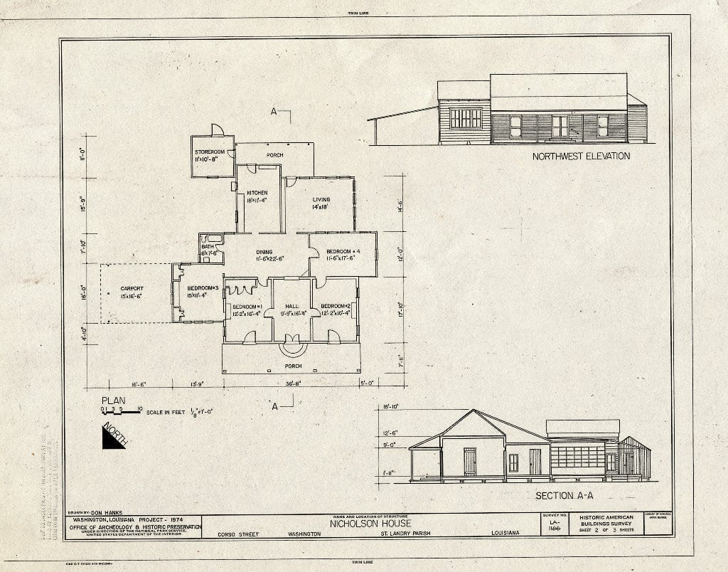 Blueprint HABS LA,49-WASH,6- (Sheet 2 of 3) - Nicholson House, Corso Street, Washington, St. Landry Parish, LA