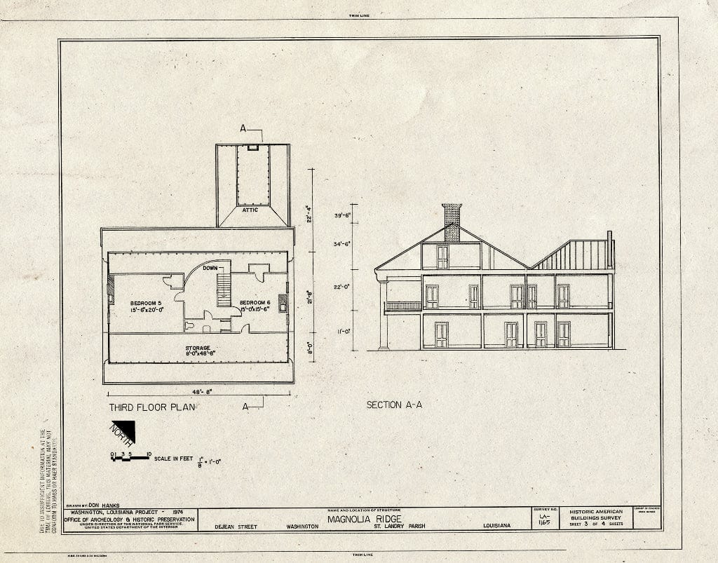 Blueprint HABS LA,49-WASH,5- (Sheet 3 of 4) - Magnolia Ridge, De Jean Street, Washington, St. Landry Parish, LA