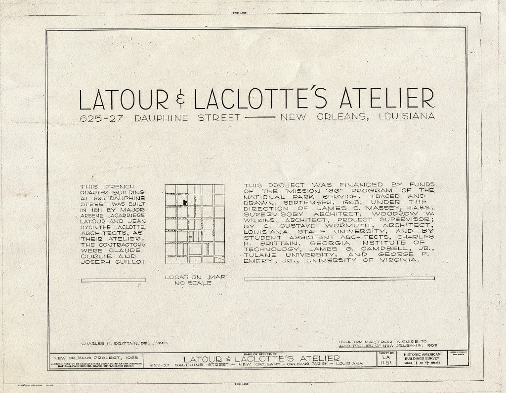 Blueprint HABS LA,36-NEWOR,83- (Sheet 1 of 4) - Latour & Laclotte's Atelier, 625-627 Dauphine Street, New Orleans, Orleans Parish, LA