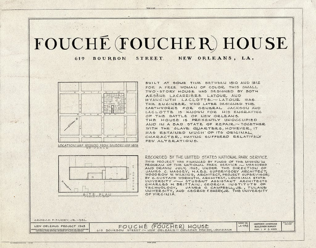 Blueprint HABS LA,36-NEWOR,78- (Sheet 1 of 5) - Fouche House, 619 Bourbon Street, New Orleans, Orleans Parish, LA