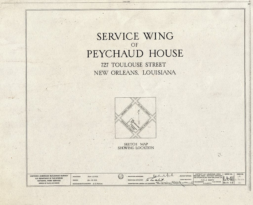 Blueprint HABS LA,36-NEWOR,17- (Sheet 0 of 5) - Vieux Carre Squares, Peychaud House (Service Wing), 727 Toulouse Street, New Orleans, Orleans Parish, LA