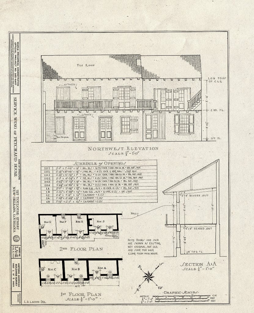 Blueprint HABS LA,36-NEWOR,17- (Sheet 1 of 5) - Vieux Carre Squares, Peychaud House (Service Wing), 727 Toulouse Street, New Orleans, Orleans Parish, LA