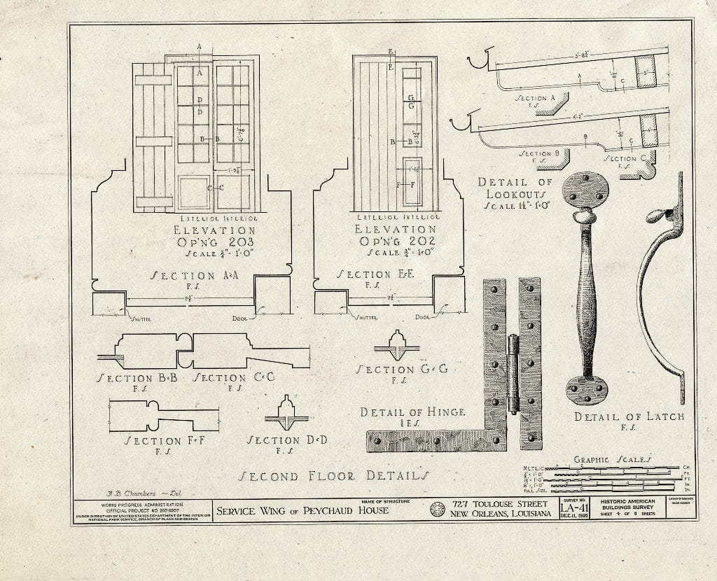 Blueprint HABS LA,36-NEWOR,17- (Sheet 4 of 5) - Vieux Carre Squares, Peychaud House (Service Wing), 727 Toulouse Street, New Orleans, Orleans Parish, LA