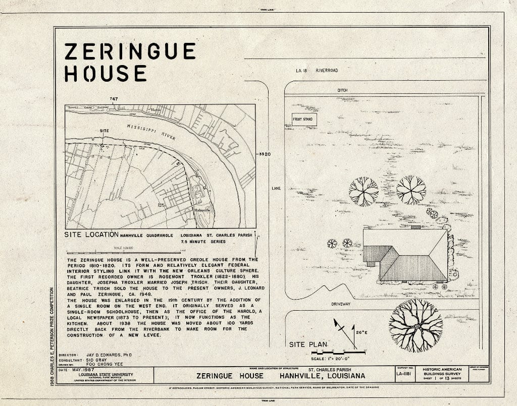 Blueprint HABS LA,45-HAHNV,3- (Sheet 1 of 13) - Zeringue House, Hahnville Triangle, Hahnville, St. Charles Parish, LA