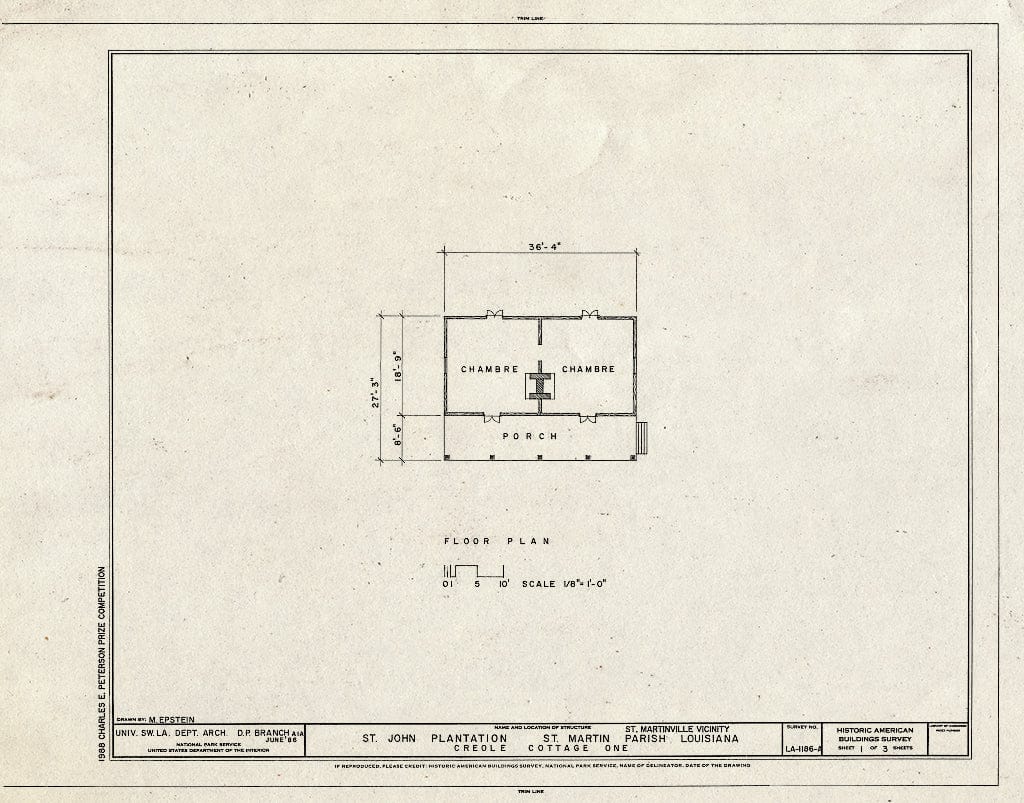 Blueprint HABS LA,50-STMAR.V,1-A- (Sheet 1 of 3) - St. John Plantation, Creole Cottage One, State Highway 347, Saint Martinville, St. Martin Parish, LA