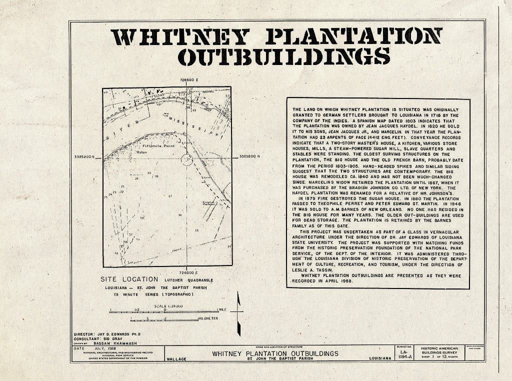 Blueprint HABS LA-1194-A (Sheet 1 of 13) - Whitney Plantation, Outbuildings, Louisiana Route 18, Wallace, St. John The Baptist Parish, LA