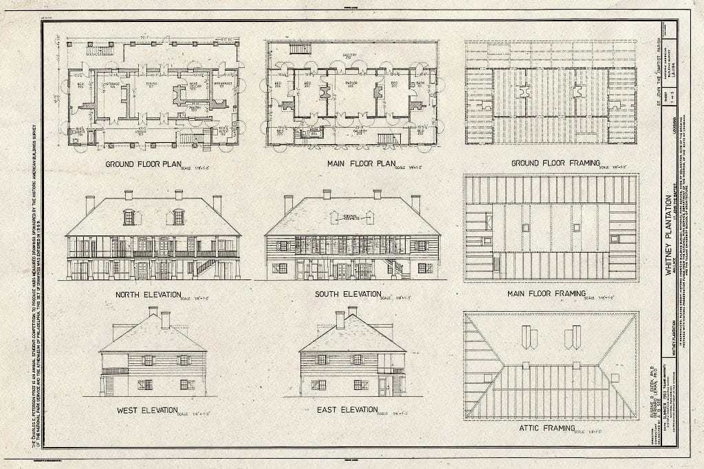 Blueprint HABS LA,48-WAL,1- (Sheet 1 of 6) - Whitney Plantation, Louisiana Route 18, Wallace, St. John The Baptist Parish, LA