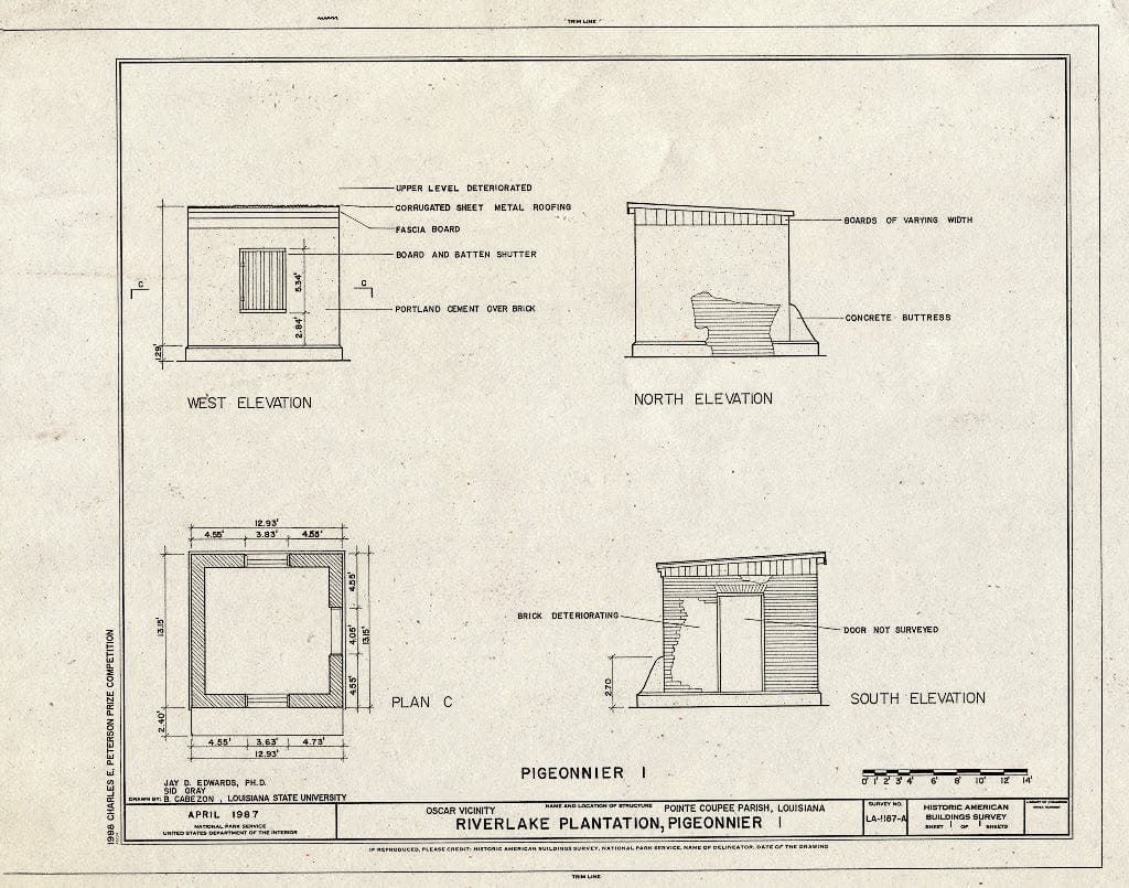Blueprint HABS LA,39-OSC.V,3-A- (Sheet 1 of 1) - Riverlake Plantation, Pigeonnier One, Oscar, Pointe Coupee Parish, LA