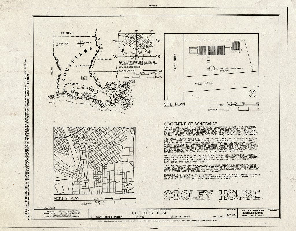 Blueprint HABS LA,37-MONR,1- (Sheet 1 of 7) - G. B. Cooley House, 1011 South Grand Street, Monroe, Ouachita Parish, LA