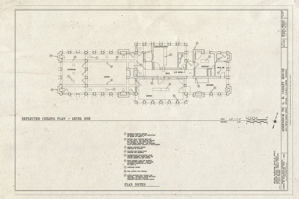 Blueprint Reflected Ceiling Plan - Level One - G. B. Cooley House, 1011 South Grand Street, Monroe, Ouachita Parish, LA