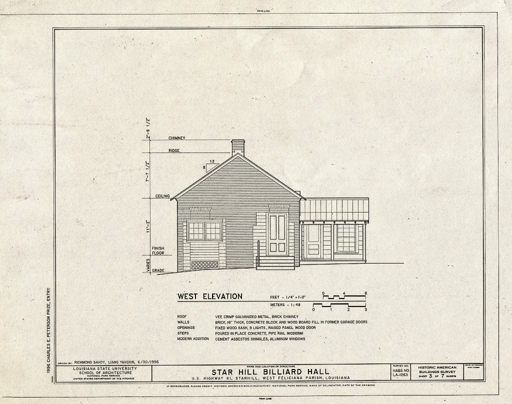 Blueprint HABS LA,63-STARH,1- (Sheet 3 of 7) - Star Hill Billiard Hall, U.S. Highway 61, Starhill, West Feliciana Parish, LA