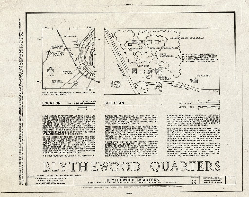 Blueprint HABS LA,24-BAYGO,1- (Sheet 1 of 7) - Blythewood Quarters, 58126 Augusta Road, Bayou Goula, Iberville Parish, LA