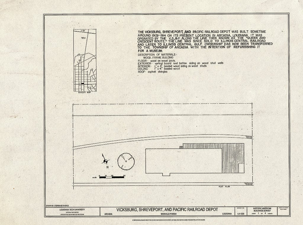 Blueprint HABS LA-1300 (Sheet 1 of 4) - Vicksburg, Shreveport & Pacific Railroad Depot, State Route 151, Arcadia, Bienville Parish, LA
