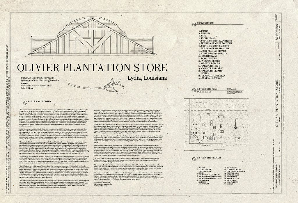 Blueprint HABS LA-1305-A (Sheet 1 of 19) - Olivier Plantation, Plantation Store, LA Highway 83, Lydia, Iberia Parish, LA