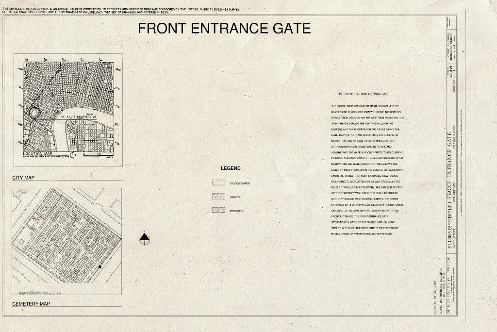 Blueprint HABS LA-1309-A (Sheet 1 of 4) - St. Louis Cemetery No. 1, Front Entrance Gate, New Orleans, Orleans Parish, LA