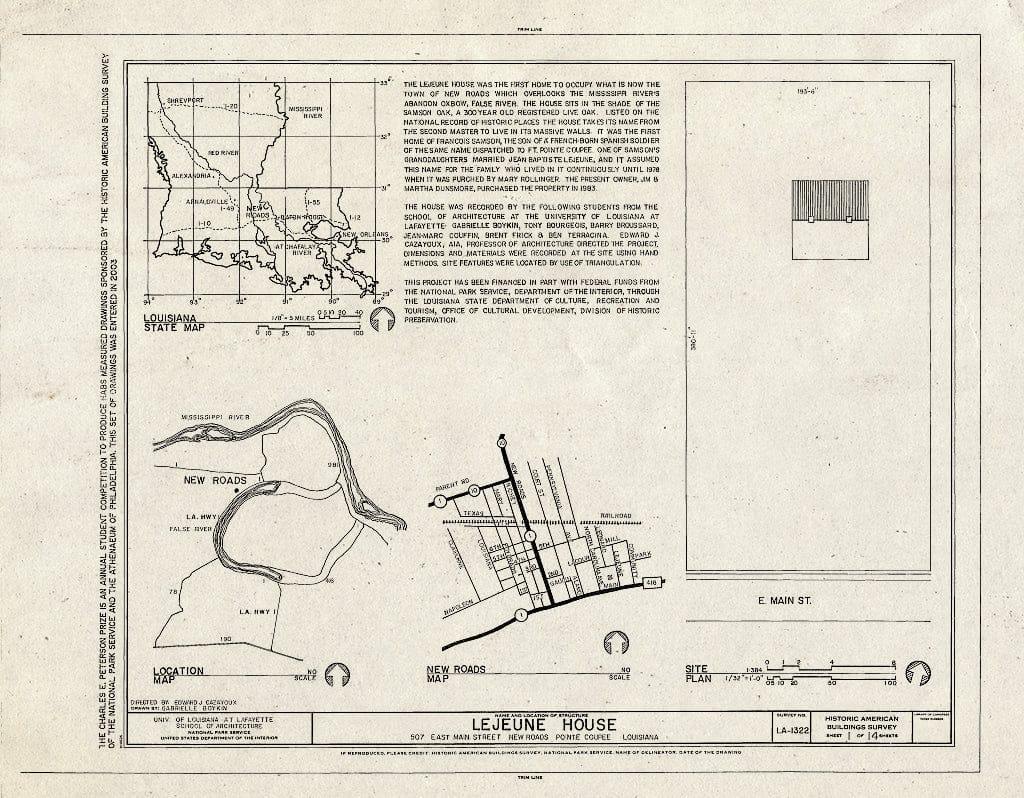 Blueprint HABS LA-1322 (Sheet 1 of 14) - Lejeune House, 507 East Main Street, New Roads, Pointe Coupee Parish, LA