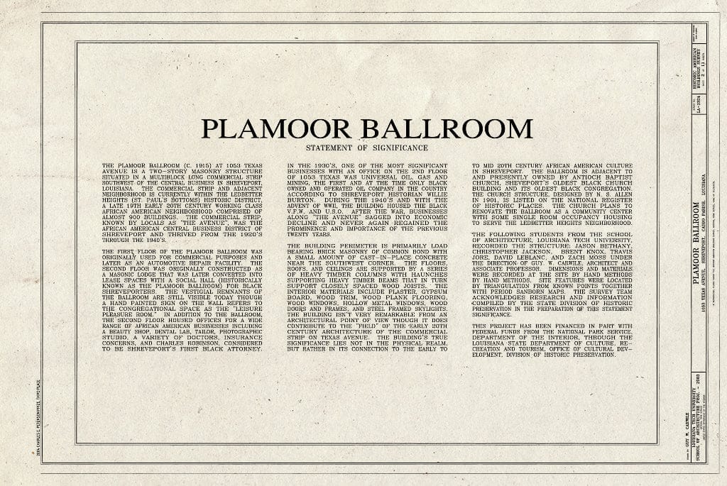 Blueprint HABS LA-1324 (Sheet 2 of 11) - Plamoor Ballroom, 1053 Texas Street, Shreveport, Caddo Parish, LA