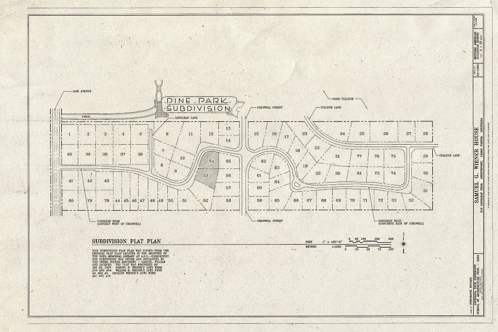 Blueprint Pine Park Plot Plan - Samuel G. Wiener House, 615 Longleaf Road, Shreveport, Caddo Parish, LA