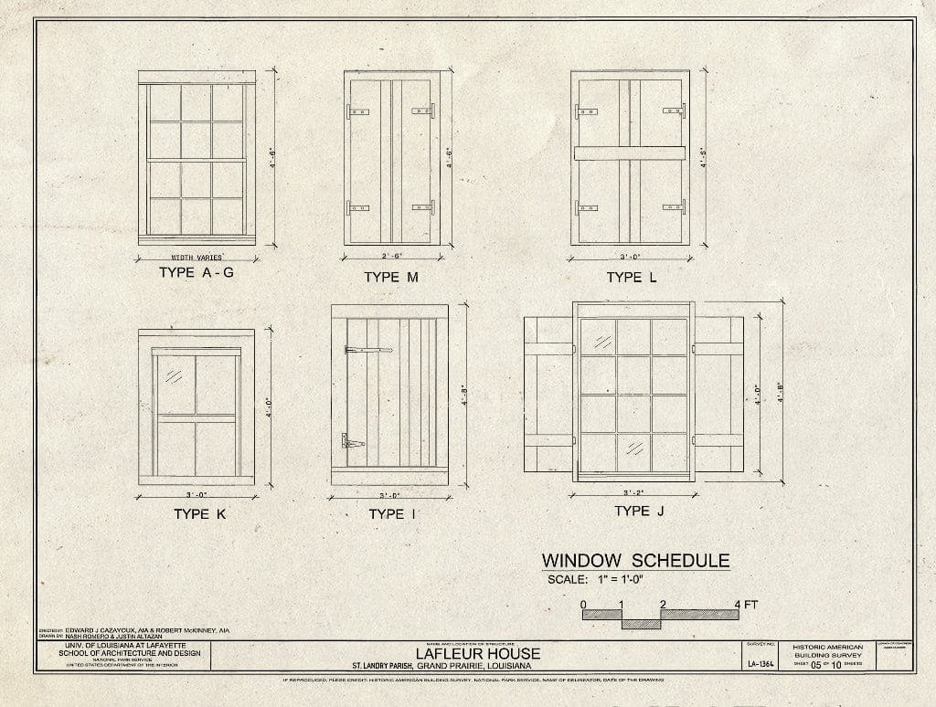 Blueprint Window Schedule - Lafleur House, 753 LA 748, Grand Prairie, St. Landry Parish, LA
