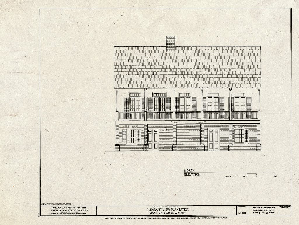Blueprint North Elevation - Pleasant View Plantation, Oscar, Pointe Coupee Parish, LA