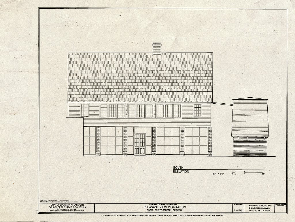 Blueprint South Elevation - Pleasant View Plantation, Oscar, Pointe Coupee Parish, LA