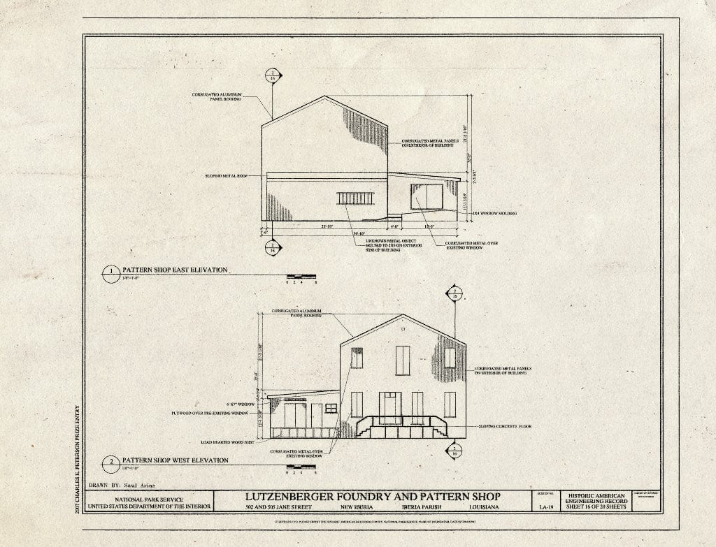 Blueprint Pattern Shop East & West Elevations - Lutzenberger Foundry and Pattern Shop, 502 and 505 Jane Street, New Iberia, Iberia Parish, LA