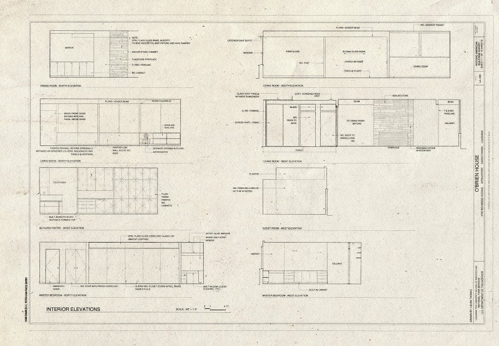 Blueprint Interior elevations - O'Brien House, 4740 Richmond Avenue, Shreveport, Caddo Parish, LA