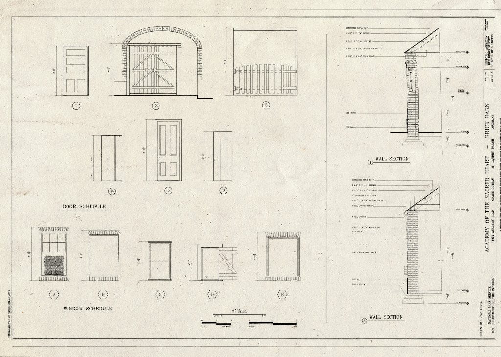 Blueprint Window & Door Details, and Wall Section - Convent of The Sacred Heart, Brick Barn, 1821 Academy Road, Grand Coteau, St. Landry Parish, LA