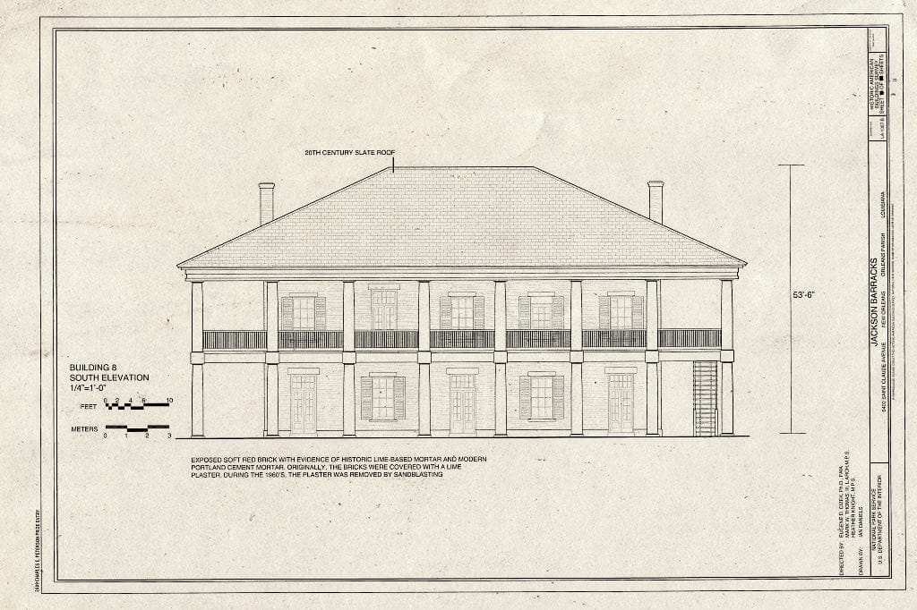 Blueprint South Elevation - Jackson Barracks, Officers Quarters, 6400 Saint Claude Avenue, New Orleans, Orleans Parish, LA