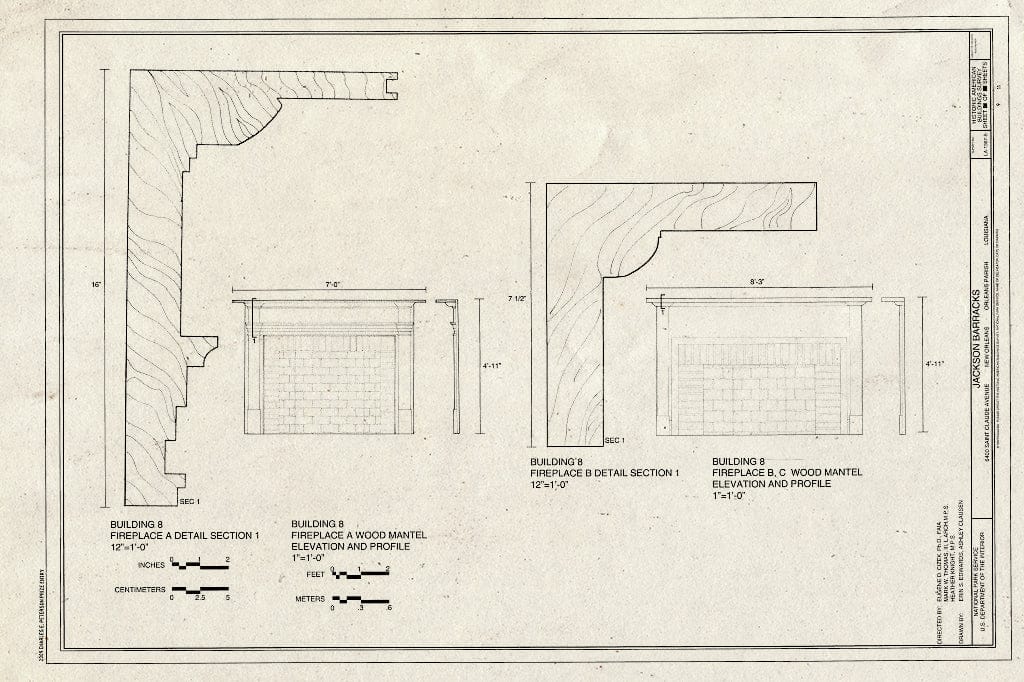 Blueprint Fireplace Details - Jackson Barracks, Officers Quarters, 6400 Saint Claude Avenue, New Orleans, Orleans Parish, LA
