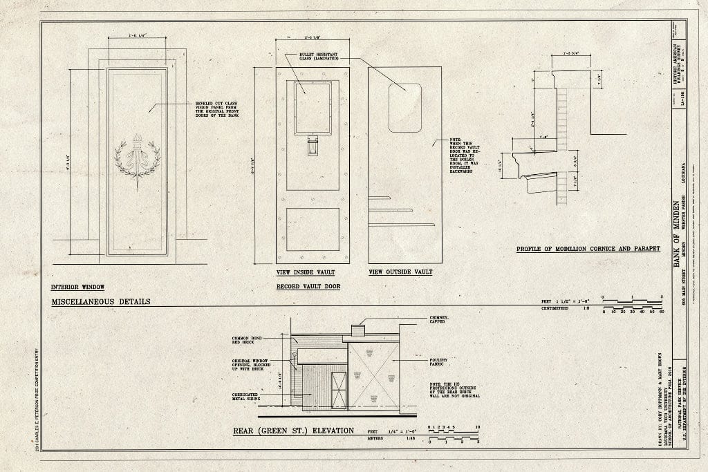 Blueprint Rear Elevation. Window Details, and Vault Details - Bank of Minden, 605 Main Street, Minden, Webster Parish, LA